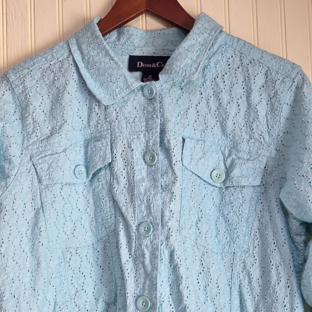 Denim & Co. Jacket Womens 1X Blue Eyelet Lace Button Front‎ Collared Pockets